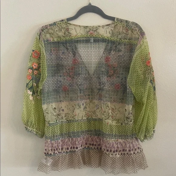 Johnny Was Multicolor Floral Embroidered 3/4 Sleeve Sheer V-Neck Blouse Large - Picture 5 of 6
